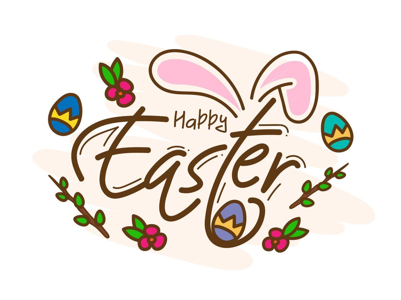 Lycklig påsk font med kanin öra, tryckt ägg och blommig på vit bakgrund. vektor