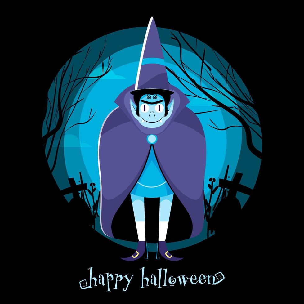 Lycklig halloween firande affisch design med tecknad serie vampyr man bär topp hatt och kyrkogård på full måne svart bakgrund. vektor