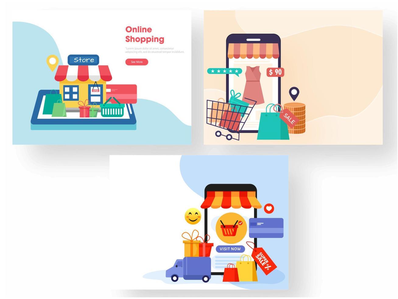 online Einkaufen von Smartphone mit Verkauf Schild, tragen Taschen, Geschenk Kisten, Zahlung Karte, Lieferung LKW und Ort Verfolgung im drei Optionen. vektor