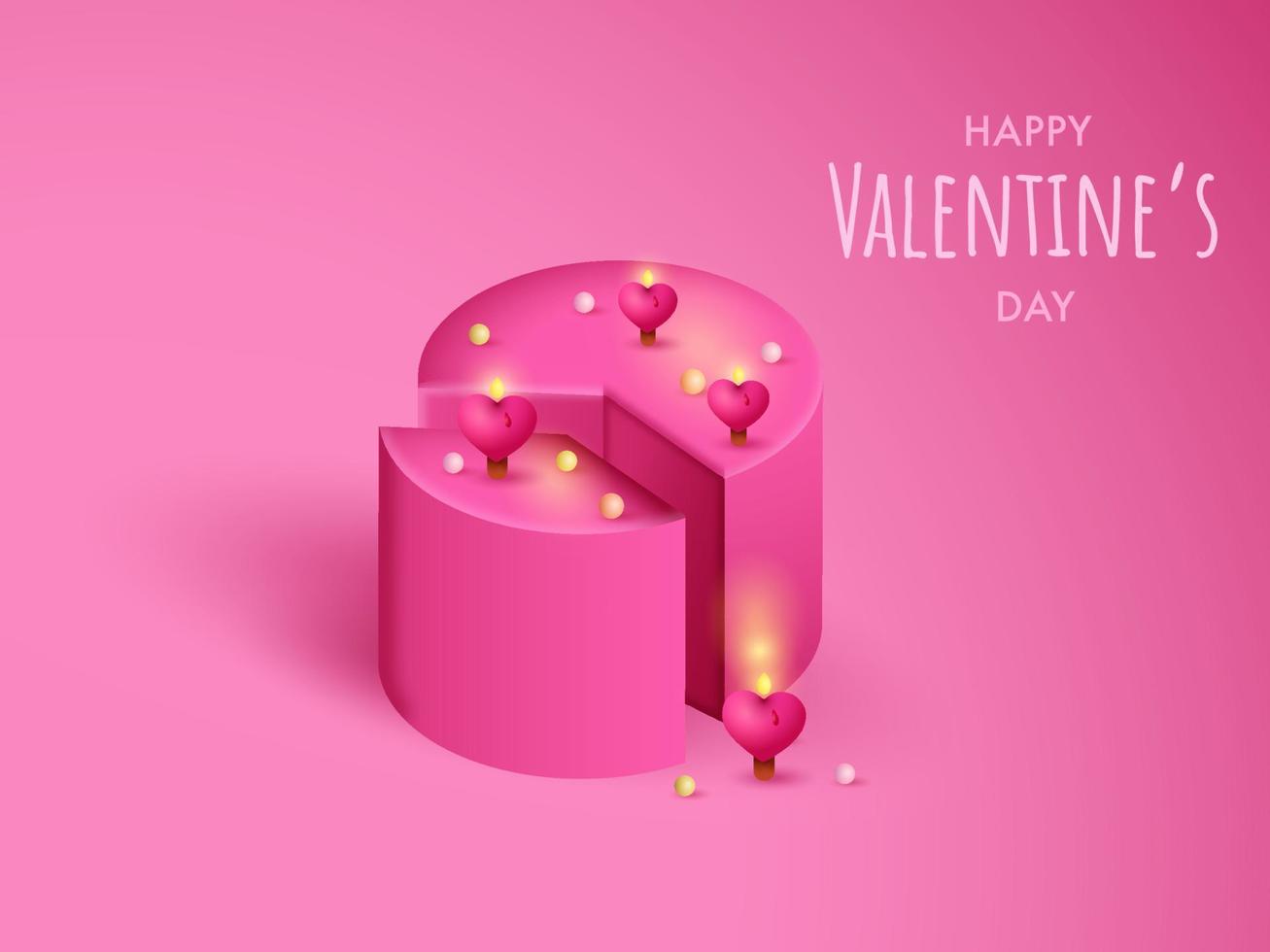 3d rosa kaka dekorerad med upplyst hjärta ljus på de tillfälle av Lycklig hjärtans dag. vektor