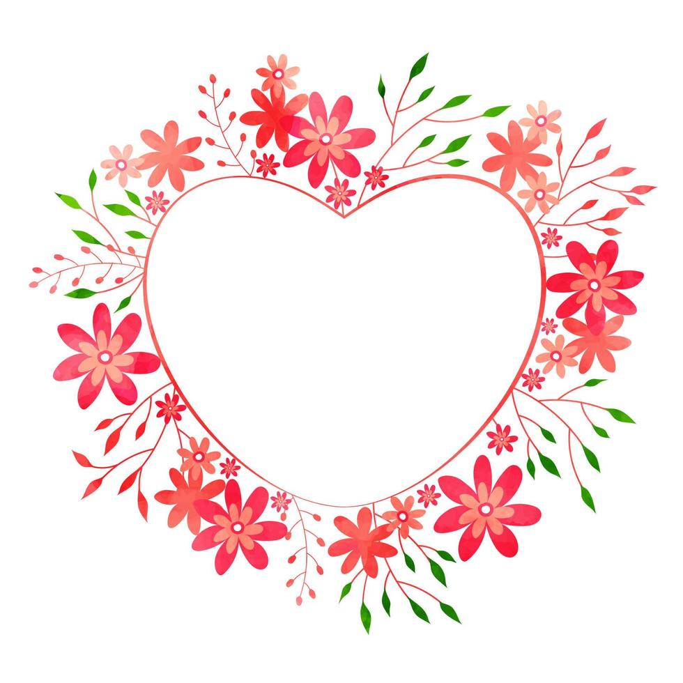 hjärta form dekorerad med blommor och löv på vit bakgrund. vektor