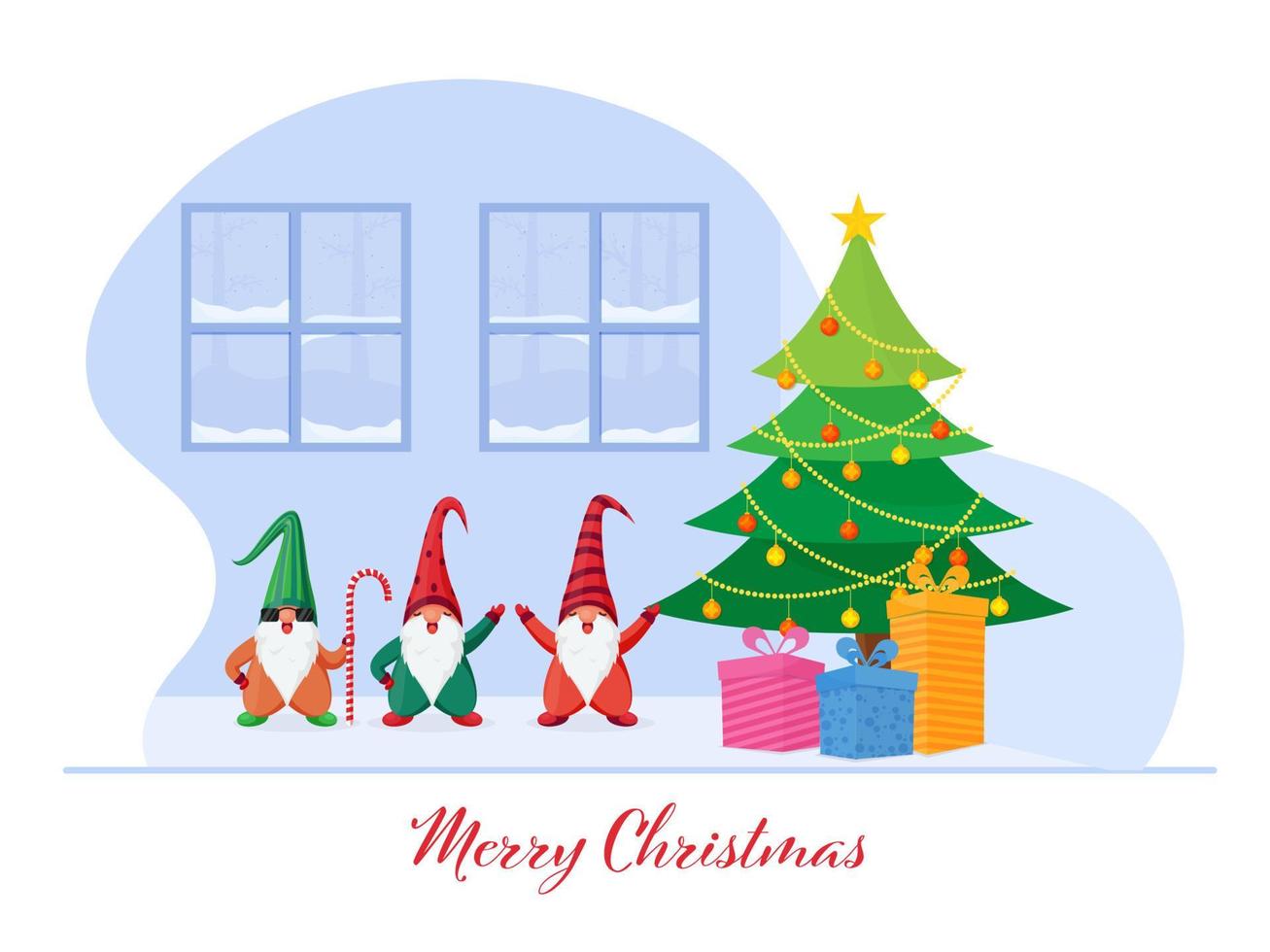 fröhlich Weihnachten Schriftart mit dekorativ Weihnachten Baum, Geschenk Kisten und Karikatur Zwerge Charakter auf Blau schneebedeckt Fenster und Weiß Hintergrund. vektor
