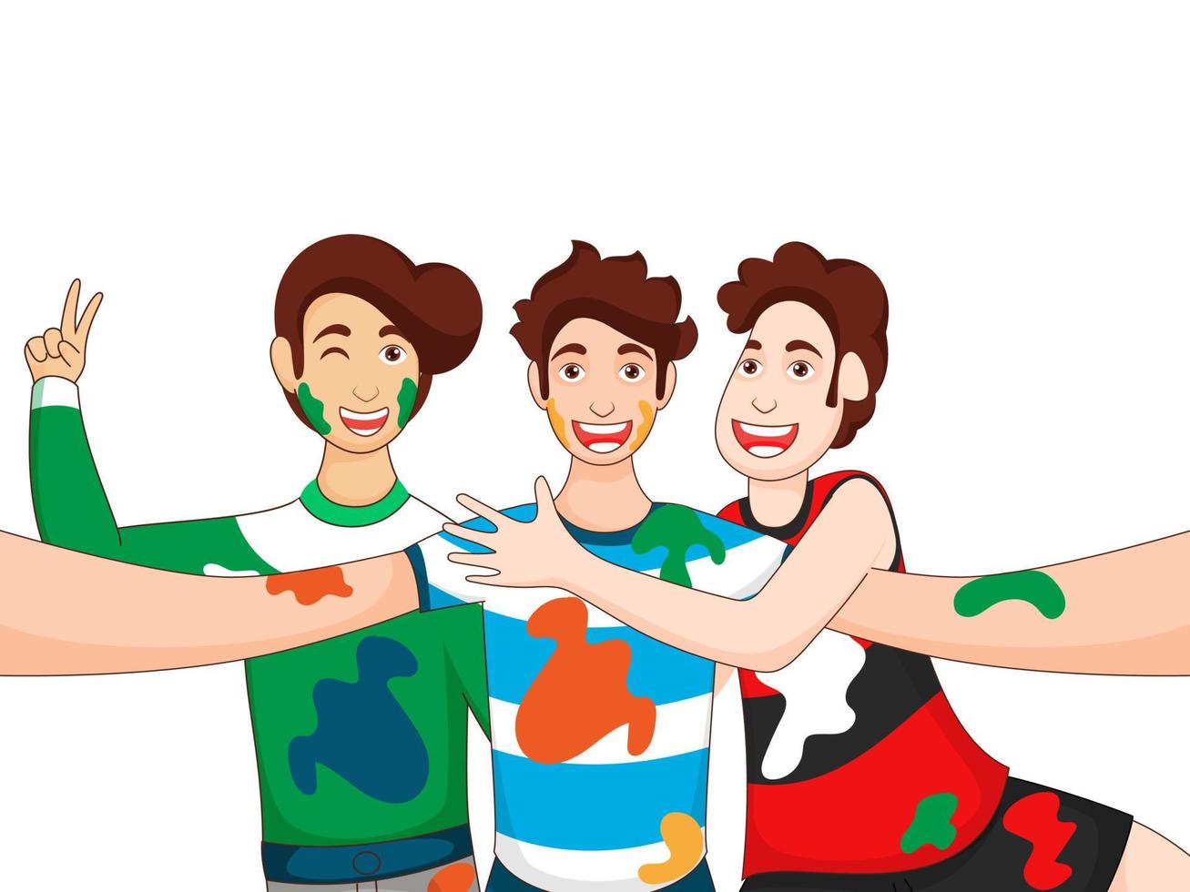 jung Jungs nehmen Selfie zusammen auf Weiß Hintergrund zum Festival von Farben Feier. vektor