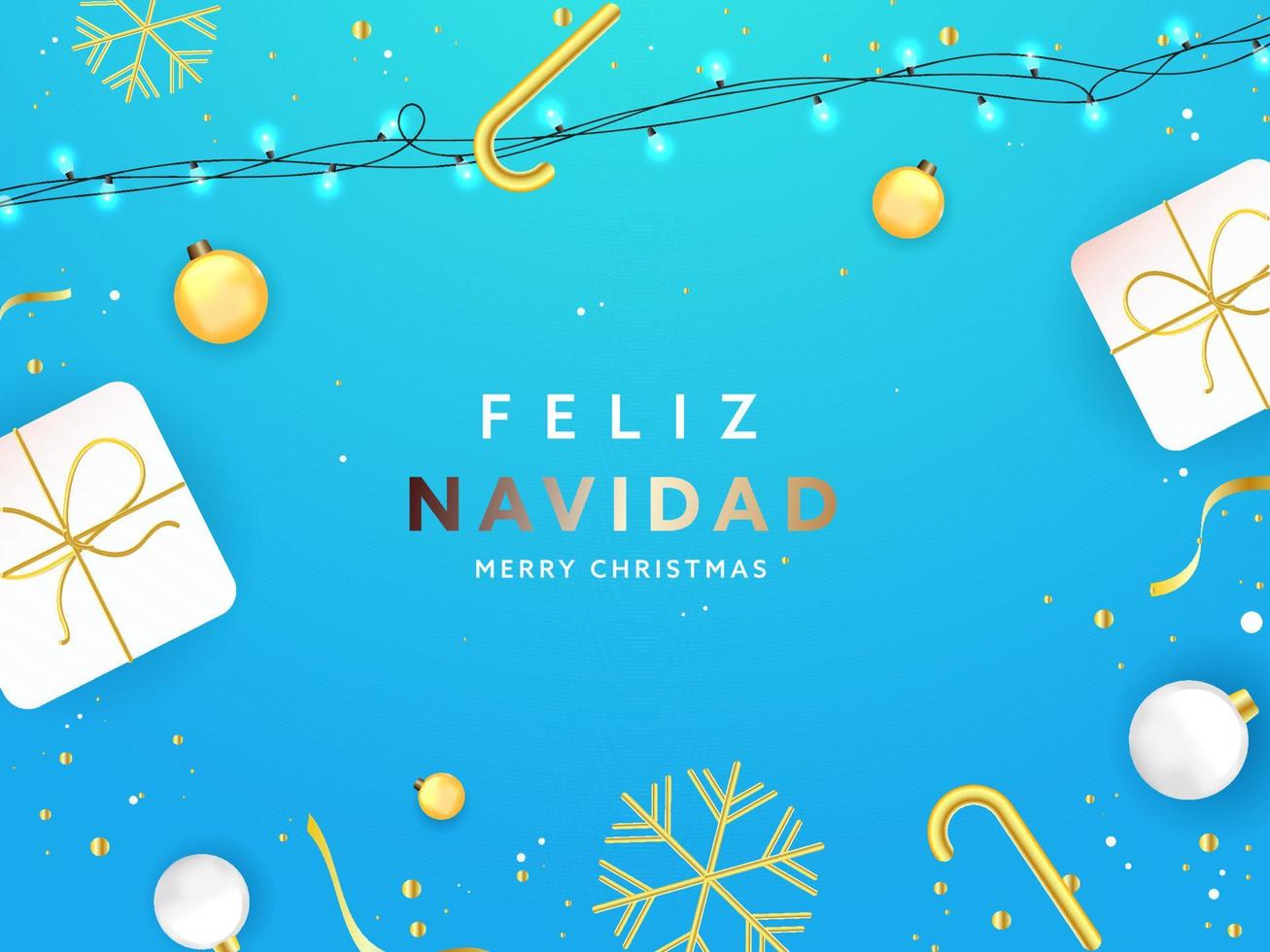 fröhlich Weihnachten Text im Spanisch Sprache mit oben Aussicht Geschenk Kisten, 3d Kugeln, golden Süßigkeiten Stock, Schneeflocke auf Blau Hintergrund. vektor