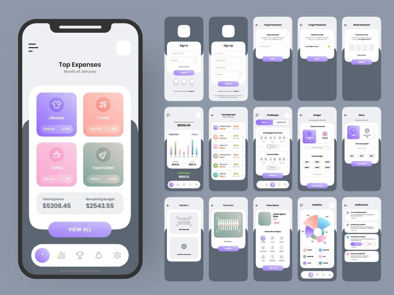 mobil app ui kit med annorlunda gui layout Inklusive tecken i, tecken upp, glömde, återställa Lösenord, topp kostnader och handel skärmar. vektor