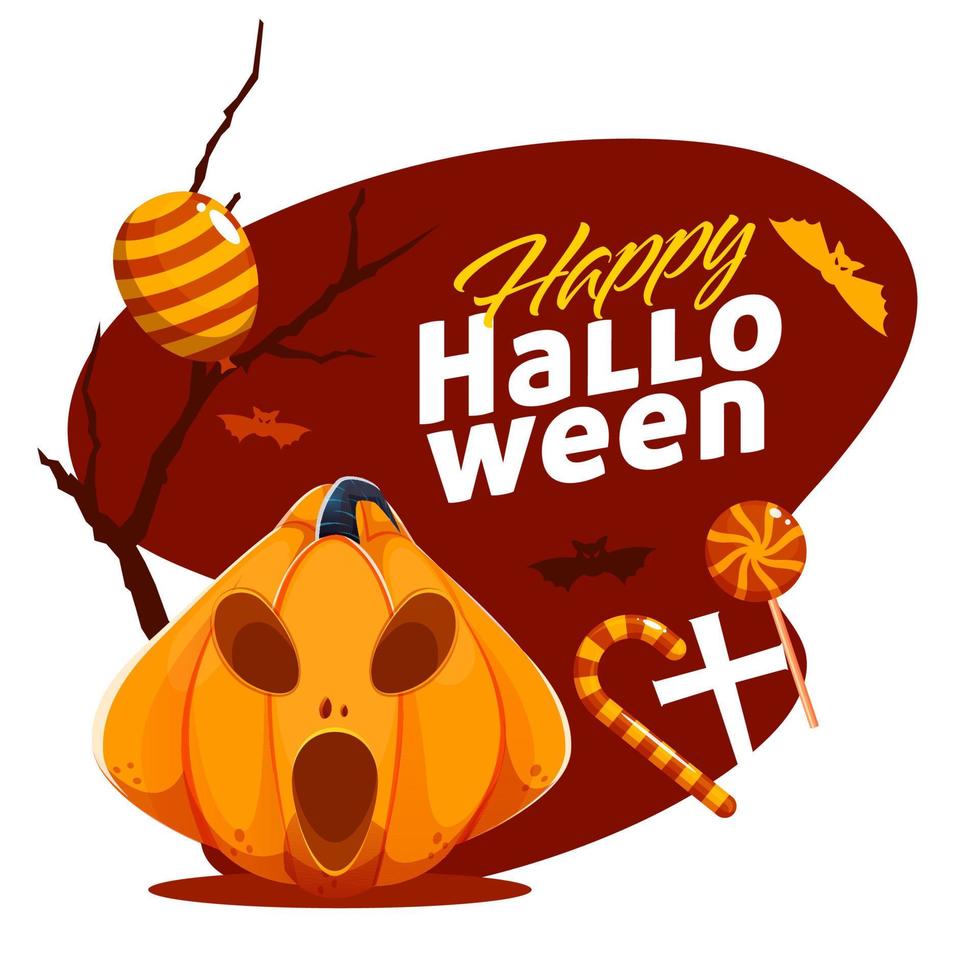 glücklich Halloween Poster Design mit gespenstisch Kürbislaterne, Süßigkeiten, Ballon und fliegend Fledermäuse auf rot und Weiß Hintergrund. vektor