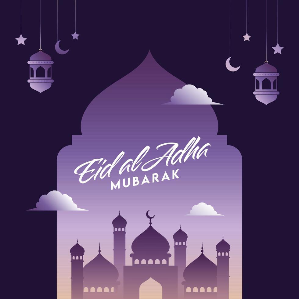 eid al Adha mubarak font med moské, hängande halvmåne månar, lyktor och stjärnor dekorerad på lila bakgrund. vektor