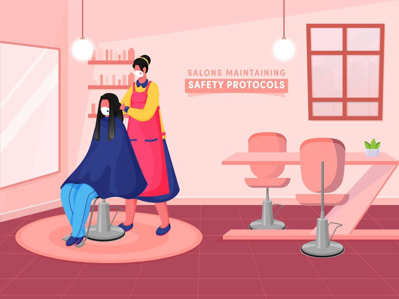 weiblich Friseur Schneiden Haar ein Klient Sitzung auf Stuhl im ihr Salon während Coronavirus Pandemie. können Sein benutzt wie Poster oder Banner Design. vektor