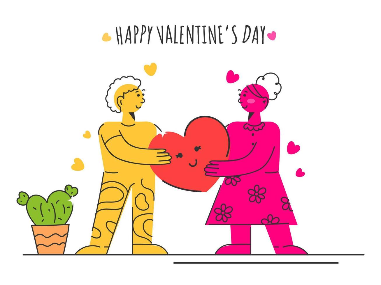 Vektor Illustration von Karikatur Paar halten Herz Smiley und Pflanze Topf auf Weiß Hintergrund zum glücklich Valentinstag Tag.