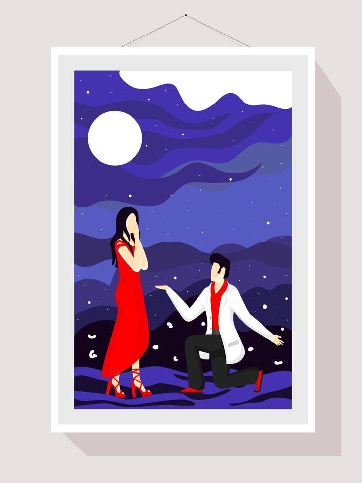 romantisch voll Mond Hintergrund mit jung Junge vorschlagen zu seine Freundin im rechteckig Foto rahmen. vektor