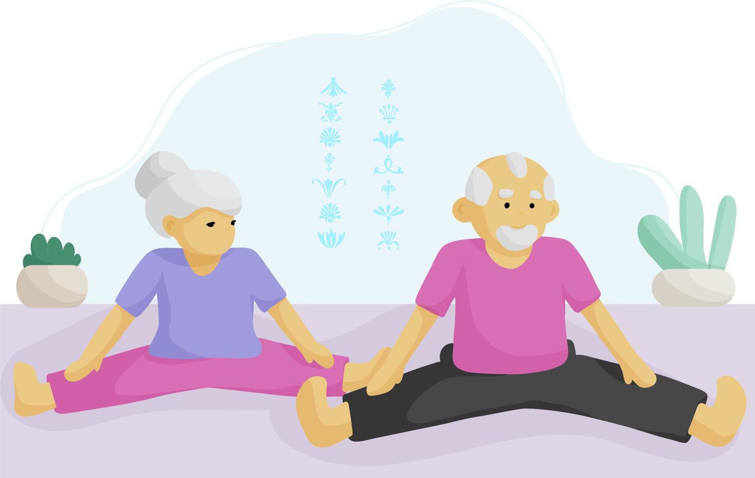 Oma und Großvater üben ein dehnen. Alten Paar tun Seite Teilt. aktiv Ruhestand, gesund Lebensstil zusammen. aktiv Senioren tun Yoga Übungen. eben Vektor Illustration.