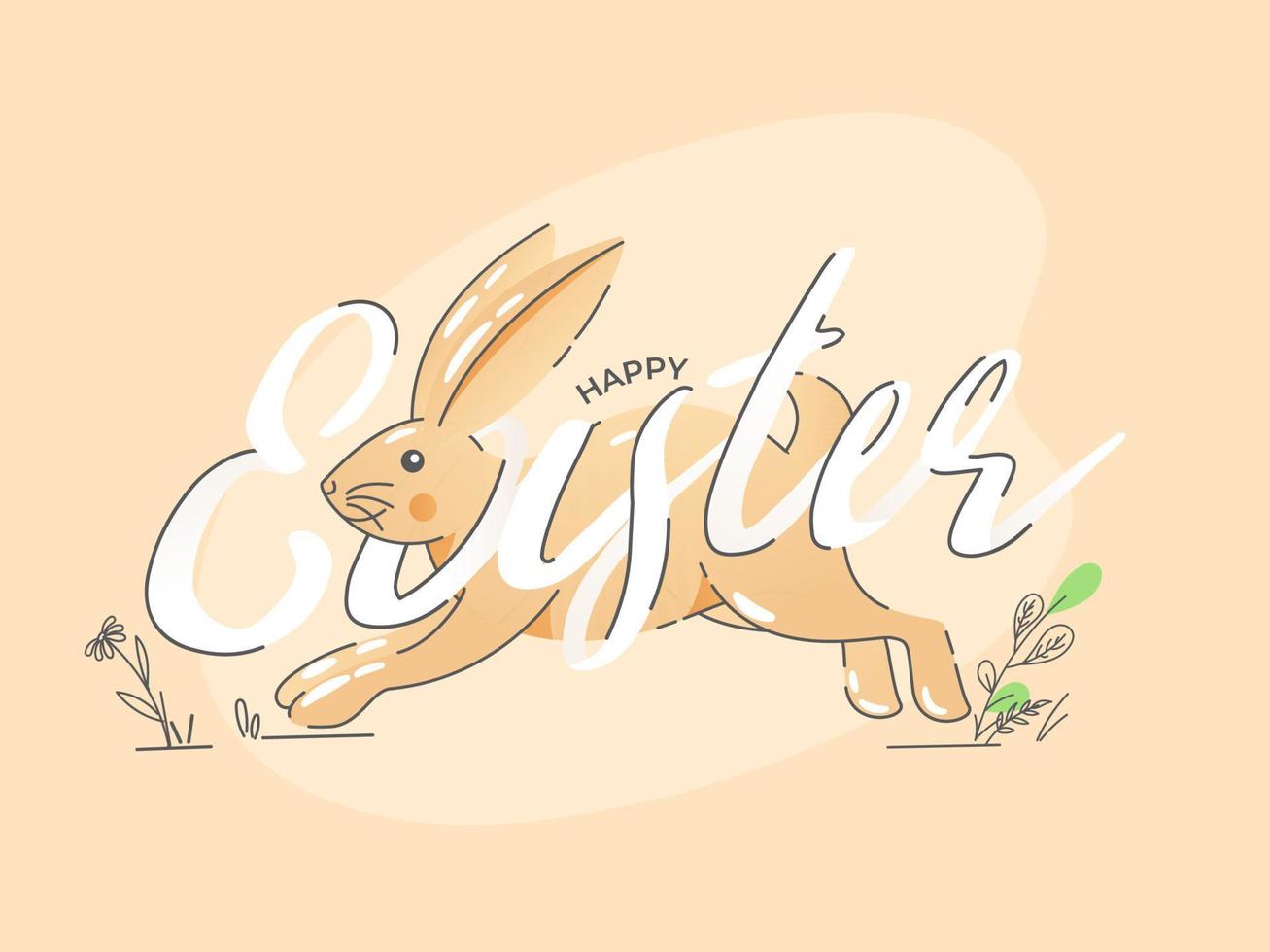 glücklich Ostern Schriftart mit Karikatur Hase Laufen auf Licht Pfirsich Hintergrund. vektor