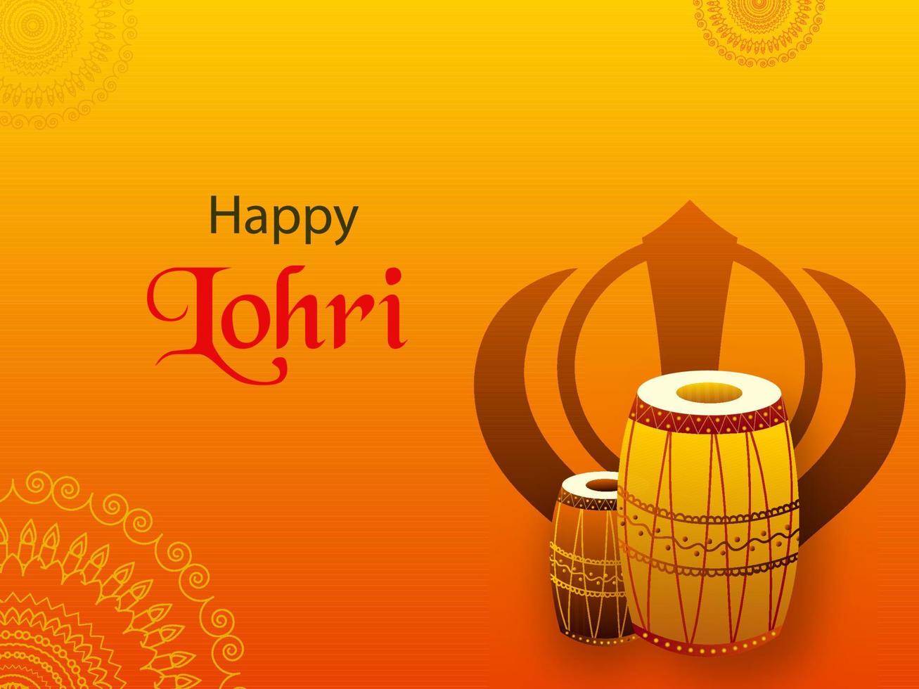 Lycklig lohri firande begrepp med dhol instrument och khanda på orange bakgrund. vektor