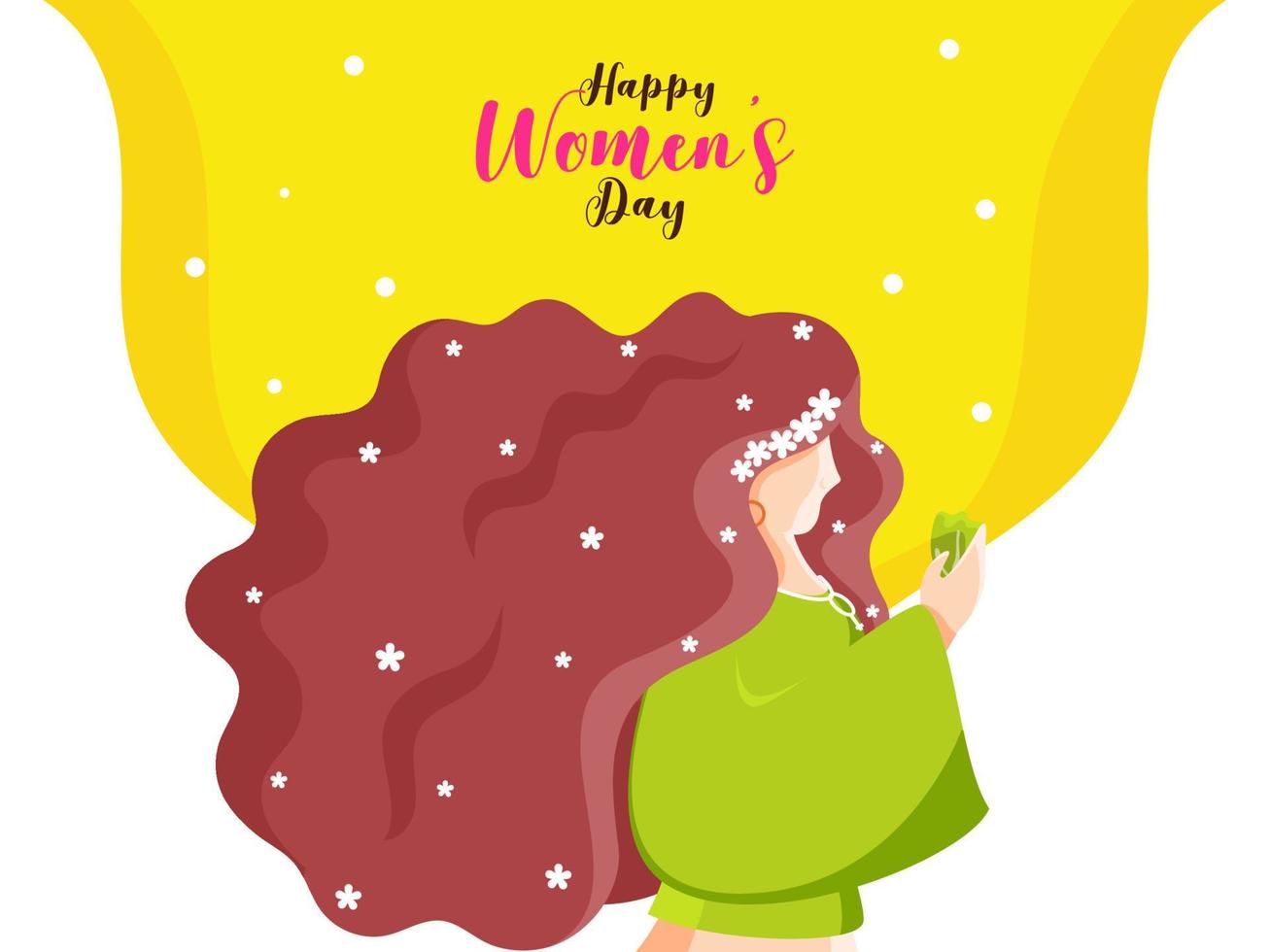 Lycklig kvinnors dag firande med tecknad serie ung flicka innehav blomma knopp på gul och vit bakgrund. vektor