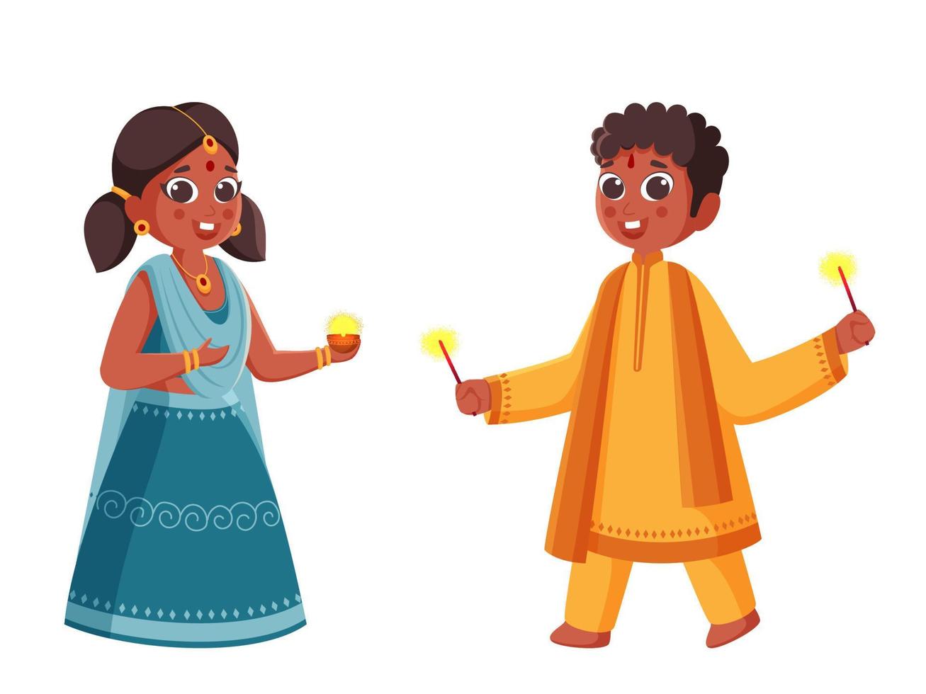 Illustration von jung Mädchen halten ein Öl Lampe mit Junge genießen Kracher auf Weiß Hintergrund. vektor
