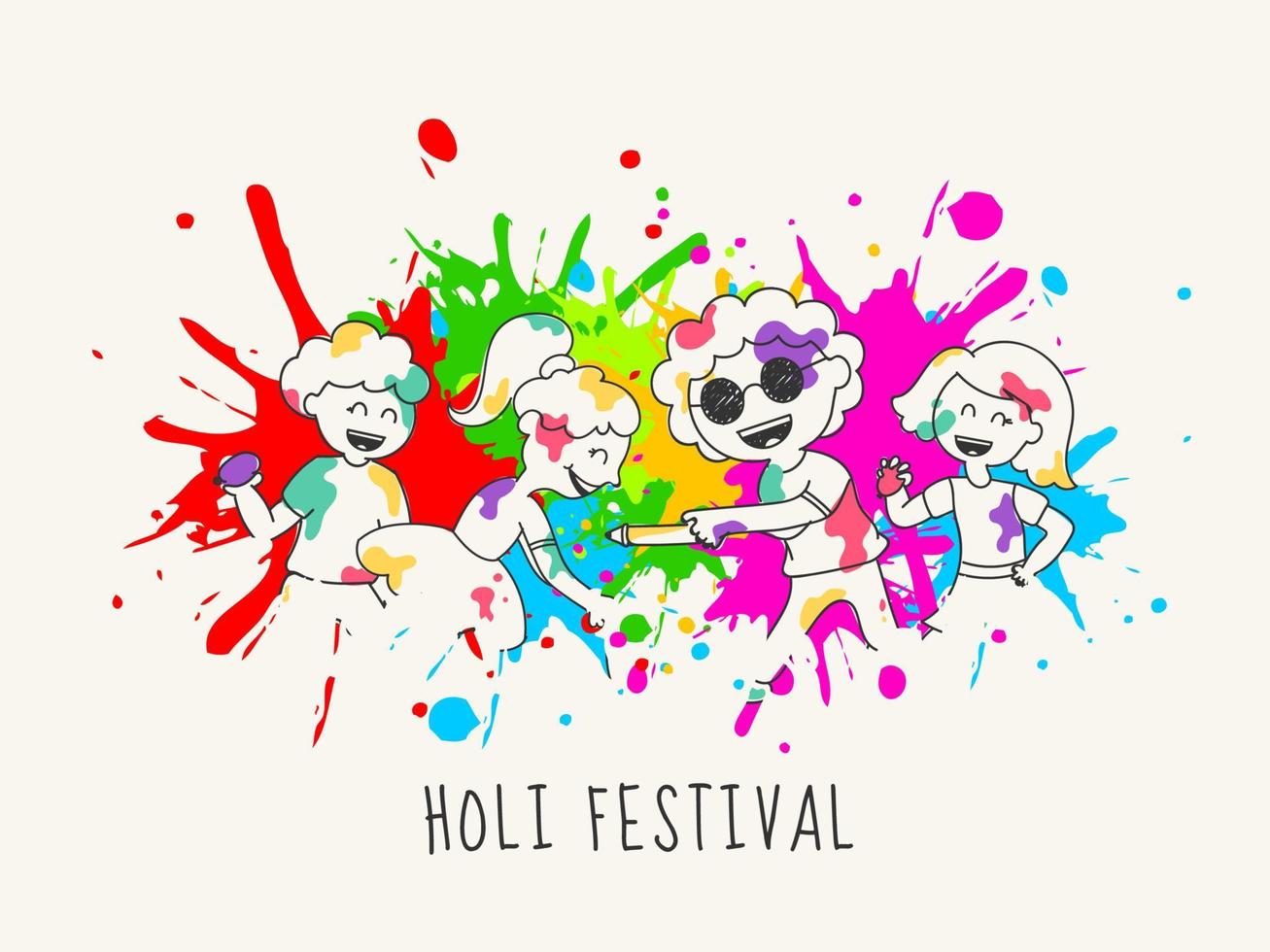 Gekritzel Stil Illustration von glücklich Kinder Charakter feiern holi Festival auf Farbe Spritzen bewirken Hintergrund. vektor