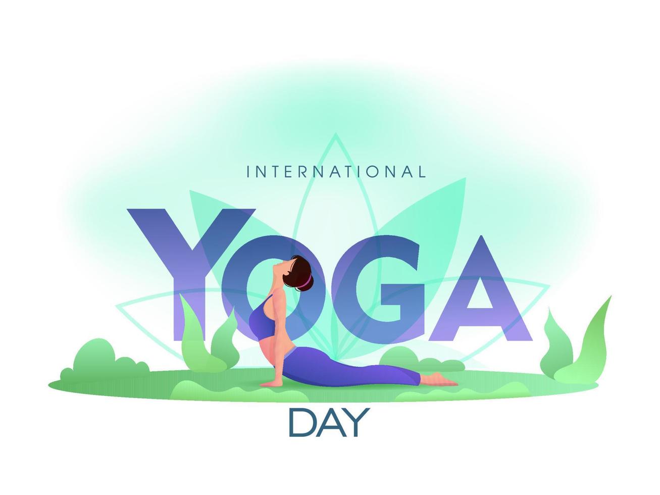 internationell yoga dag text med tecknad serie ung kvinna praktiserande bhujangasana yoga utgör på natur se. vektor
