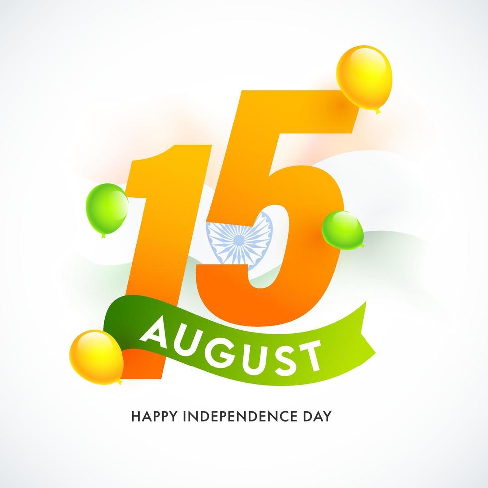 15 August Text mit glänzend Luftballons im Safran und Grün Farbe auf wellig indisch Flagge Weiß Hintergrund. vektor