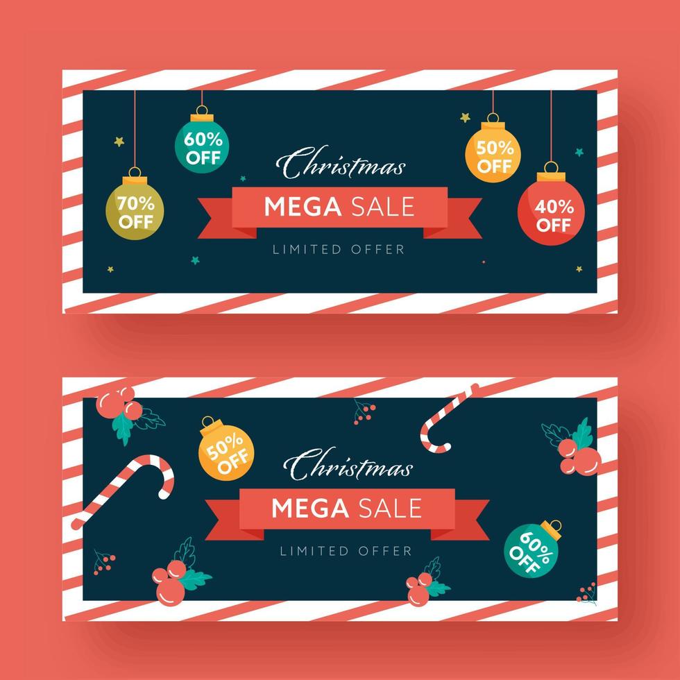 Weihnachten Mega Verkauf Header oder Banner einstellen mit anders Rabatt bietet an, Kugeln, Süßigkeiten Stock und Stechpalme Beeren dekoriert Hintergrund. vektor