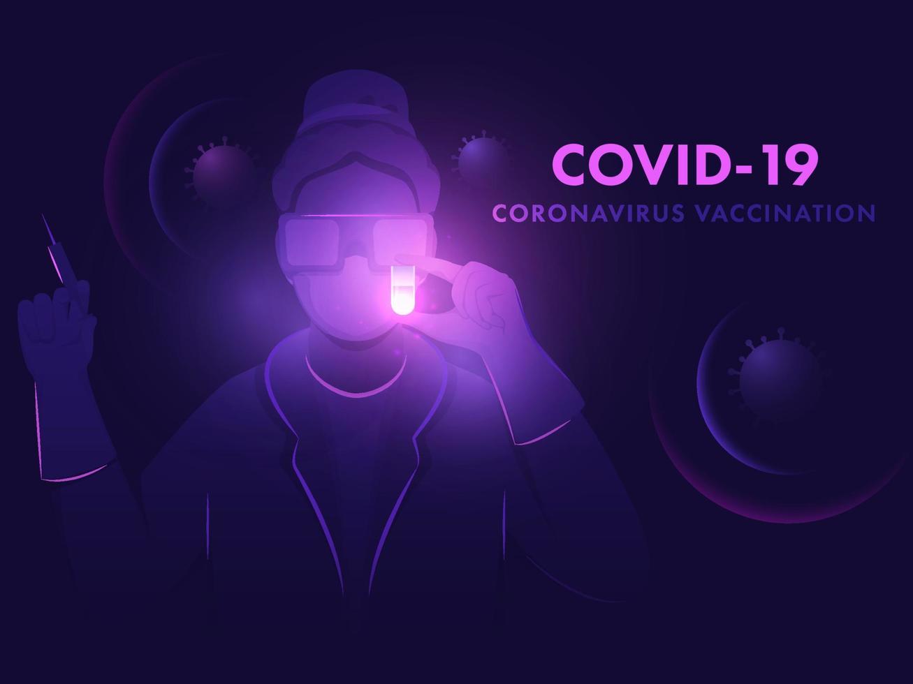 coronavirus vaccination begrepp med forskare kvinna upptäcka vaccin för covid-19 sjukdom på lila bakgrund. vektor