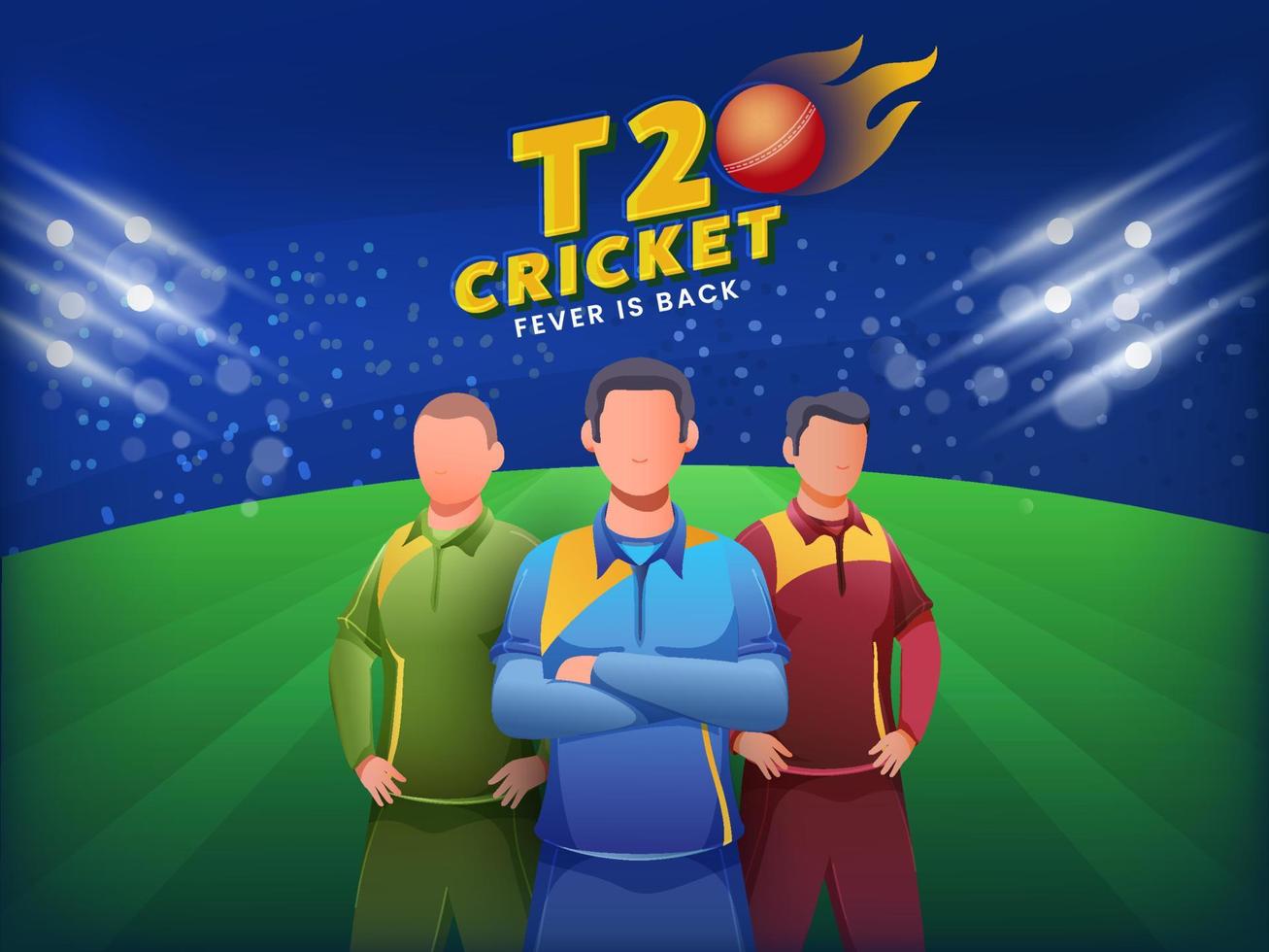 ansiktslös cricketspelare spelare i annorlunda klädsel på grön och blå lampor effekt bakgrund för t20 cricket feber är tillbaka. vektor