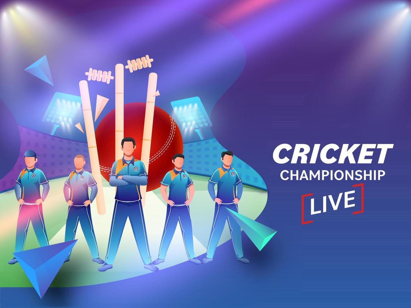 Leben Kricket Meisterschaft Konzept mit Karikatur Cricketspieler Spieler und rot Ball Schlagen Wickets auf glänzend Stadion Hintergrund. vektor