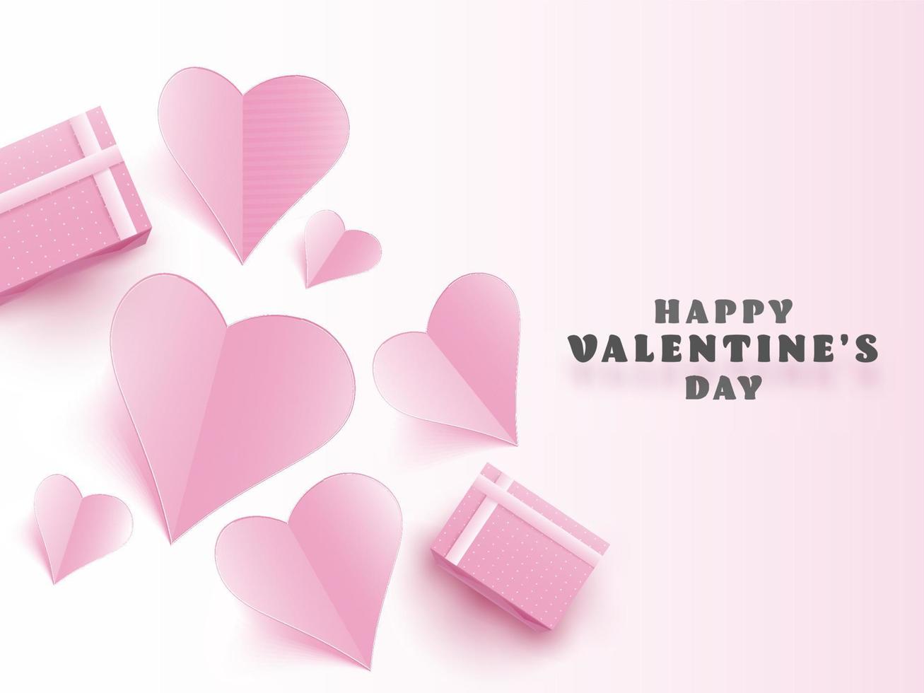 rosa papper hjärtan med topp se gåva lådor på glansig bakgrund för Lycklig hjärtans dag firande begrepp. vektor