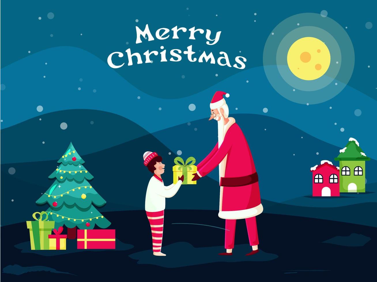 Illustration von heiter Santa claus geben Geschenk zu Junge mit dekorativ Weihnachten Baum und Häuser auf voll Mond Blau Schneefall Hintergrund zum fröhlich Weihnachten. vektor