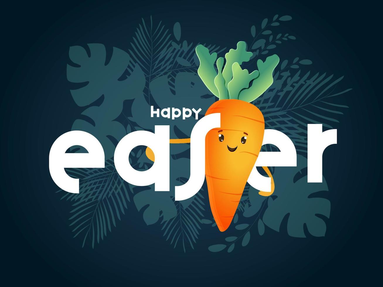 glücklich Ostern Text mit Karikatur Karotte auf tropisch Blätter Grün Hintergrund. vektor