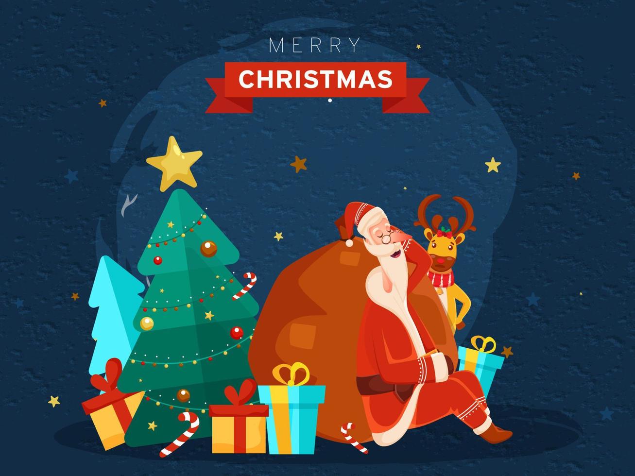 illustration av santa claus sovande med tung väska, tecknad serie ren, gåva lådor, godis sockerrör och dekorativ xmas träd på blå grunge bakgrund för glad jul firande. vektor