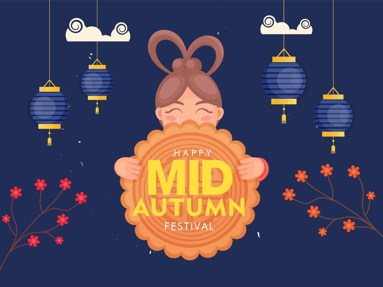 glücklich Mitte Herbst Festival Poster Design mit Karikatur Chinesisch Mädchen halten Mond Kuchen, Blume Geäst und hängend Laternen auf Blau Hintergrund. vektor