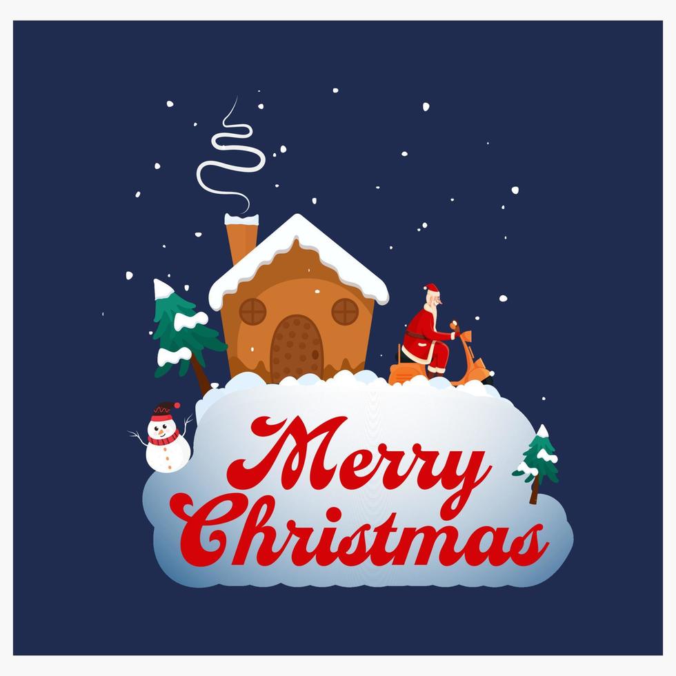 fröhlich Weihnachten Schriftart mit Schneemann, schneebedeckt Kamin Haus, Weihnachten Bäume und Karikatur Santa Reiten Roller auf Blau Hintergrund. vektor