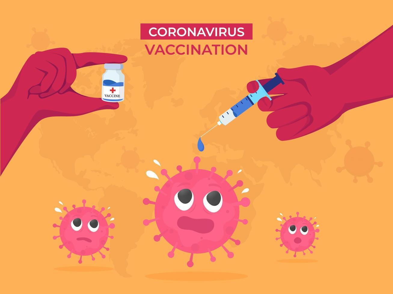 Mensch Kampf gegen Coronavirus mit Impfstoff Spritze auf weltweit Orange Hintergrund zum halt COVID-19. vektor