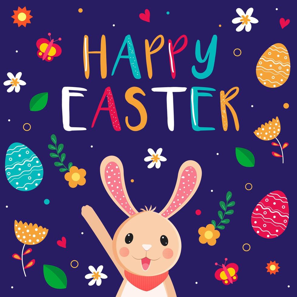 bunt glücklich Ostern Text mit Karikatur Hase, gedruckt Eier, Schmetterling und Blumen dekoriert auf lila Hintergrund. vektor