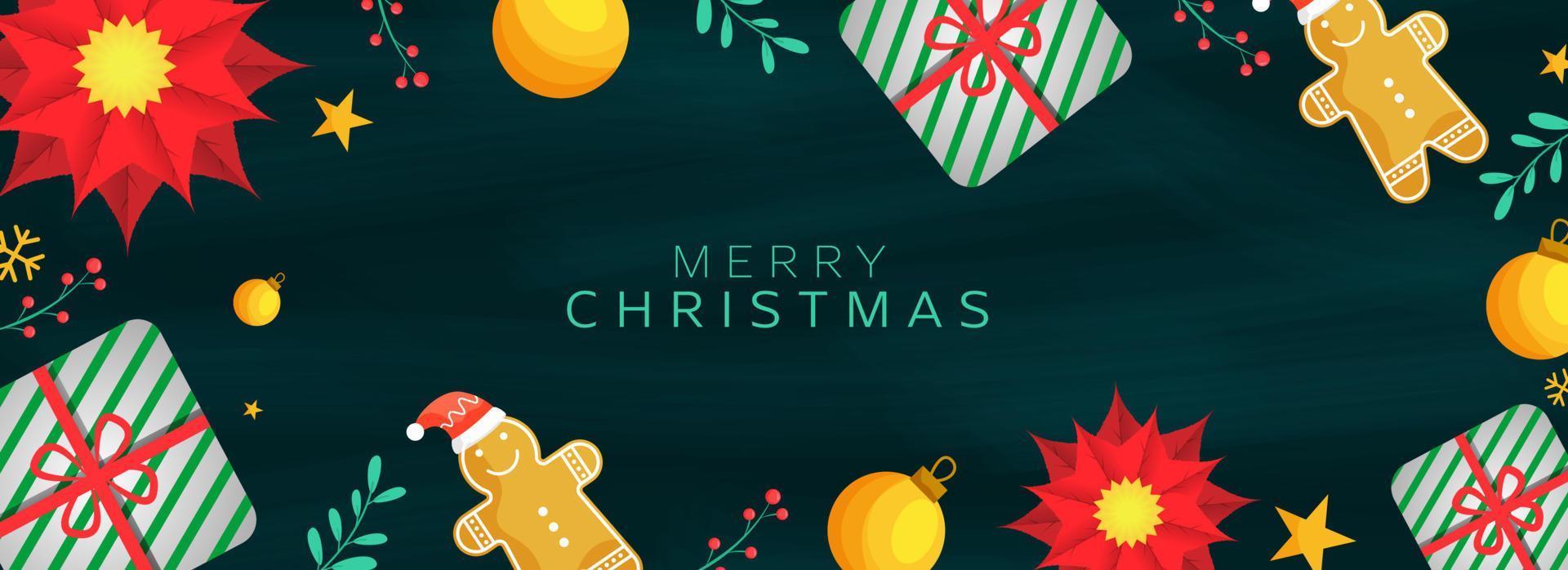 glücklich Halloween Text mit oben Aussicht von Geschenk Kisten, Kugeln, Smiley Lebkuchen, Geschenk Kisten und Weihnachtsstern Blume auf Grün Textur Hintergrund. vektor