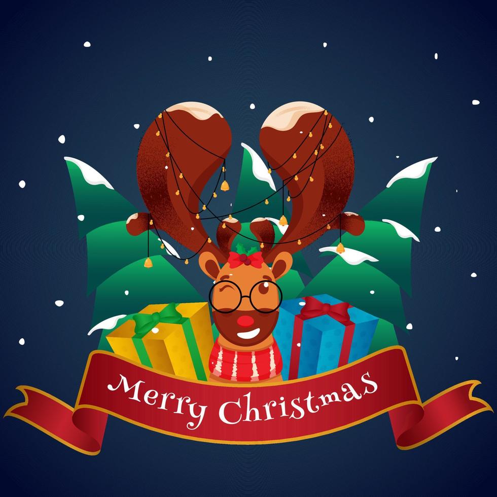 tecknad serie ren ansikte bär klocka krans med realistisk gåva lådor och snöig xmas träd på blå bakgrund för glad jul firande. vektor