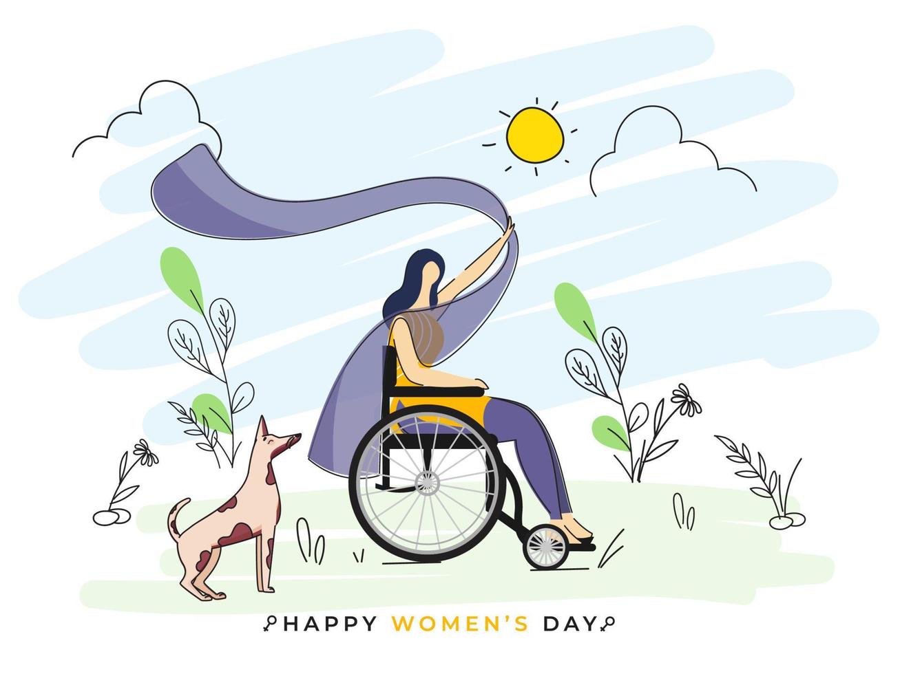 ansiktslös ung flicka Sammanträde i rullstol med hund på klotter Sol natur se bakgrund för Lycklig kvinnors dag begrepp. vektor