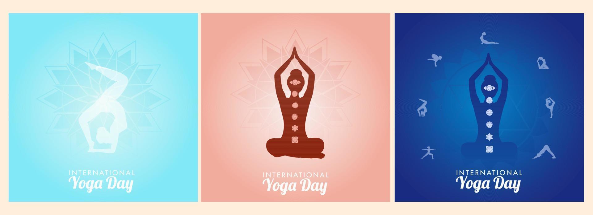 International Yoga Tag Poster Design mit Silhouette weiblich üben Yoga Asana im drei Optionen. vektor