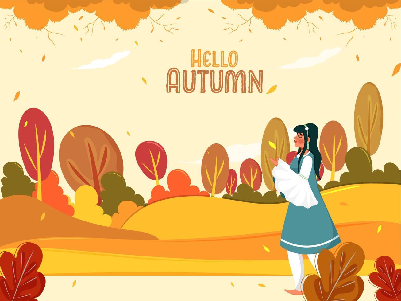 Illustration von jung Mädchen Stehen auf bunt Natur Hintergrund zum Hallo Herbst. vektor