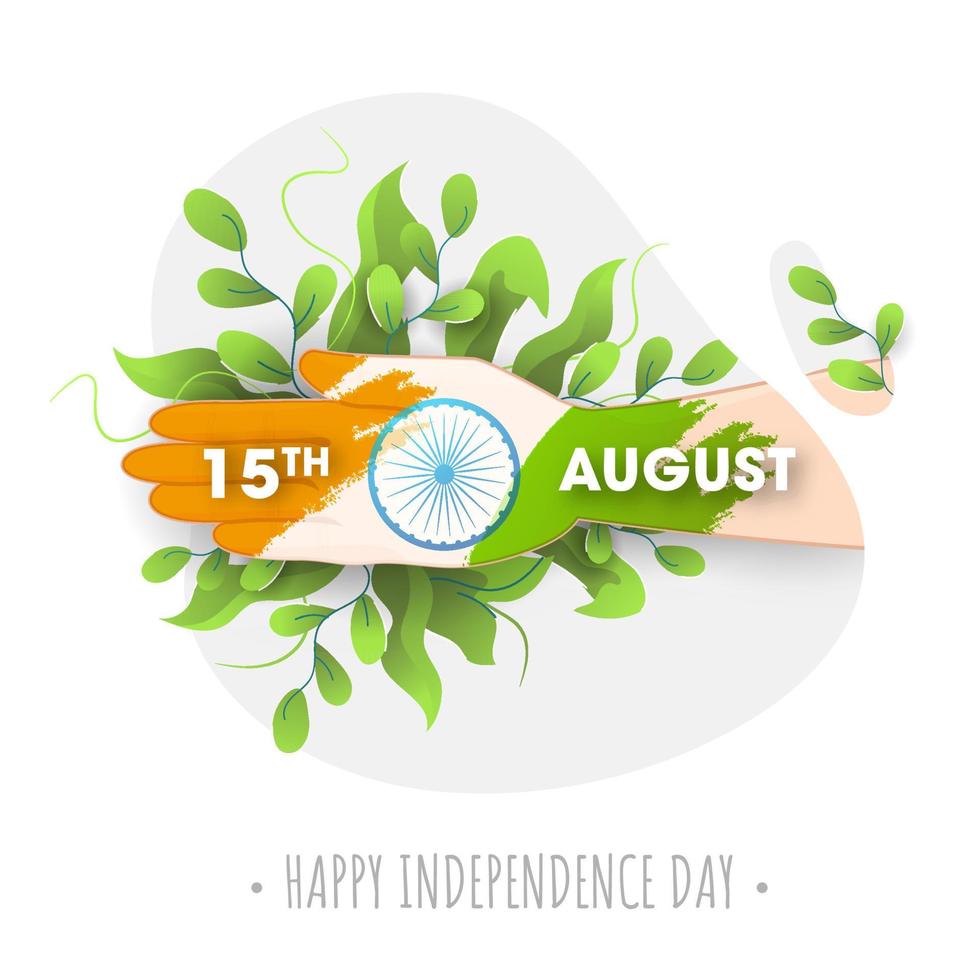 15 .. August Text auf Mensch Hand drucken von Indien Flagge im Bürste Schlaganfall Stil mit Grün Blätter zum glücklich Unabhängigkeit Tag Konzept. vektor