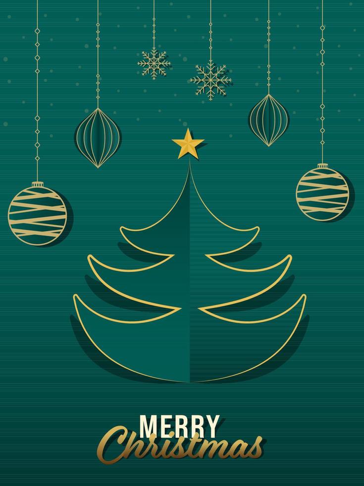 Papier Schnitt Weihnachten Baum mit golden Stern, hängend Kugeln und Schneeflocken auf Grün Hintergrund zum fröhlich Weihnachten Feier. vektor