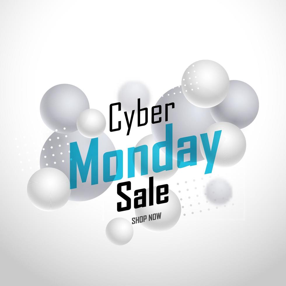 cyber måndag försäljning affisch design med 3d bollar eller sfärer på vit bakgrund. vektor