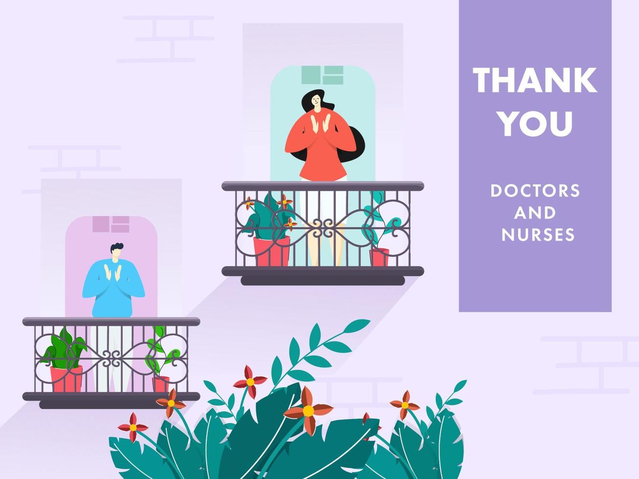 Karikatur Mann und Frau klatschen zu schätzen Ärzte und Krankenschwestern von Balkon mit Sprichwort danken Sie auf Natur lila Hintergrund. vektor