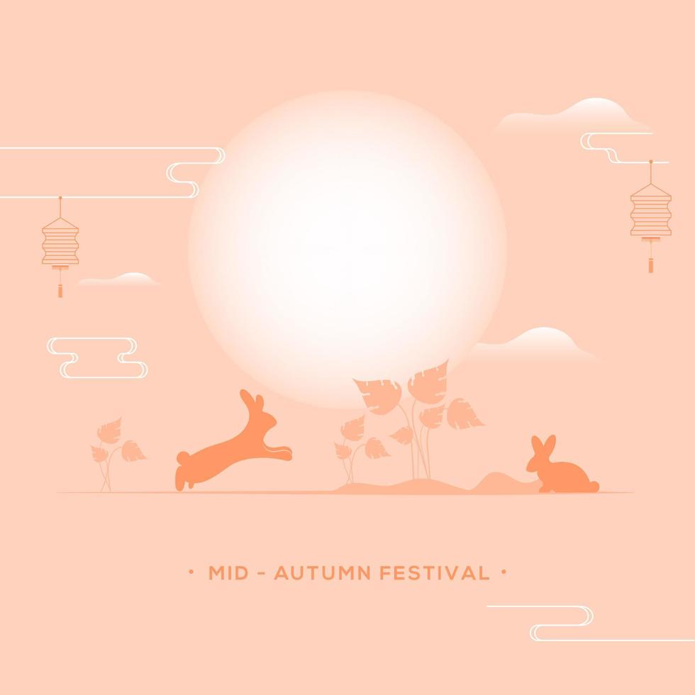 mitten höst festival firande begrepp med silhuett kaniner, växter och glansig full måne på pastell persika bakgrund. vektor