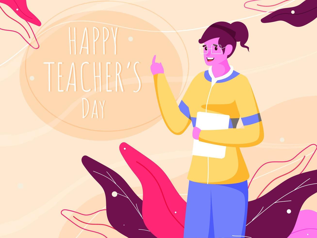 glad ung kvinna lärare som visar finger punkt och löv på pastell persika bakgrund för Lycklig lärarens dag firande. vektor