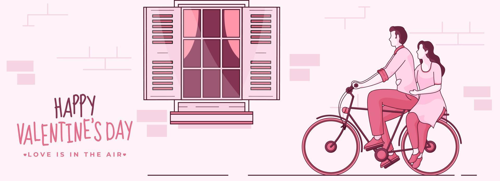 tecknad serie par ridning tillsammans på cykel i främre av hus fönster för Lycklig hjärtans dag, kärlek är i de luft begrepp. rubrik eller baner design. vektor