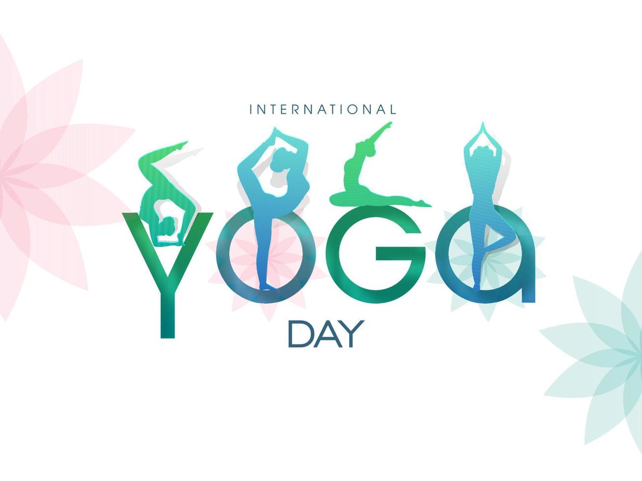 internationell yoga dag text med papper skära illustration av kvinnor håller på med yoga asanas på blomma vit bakgrund. vektor
