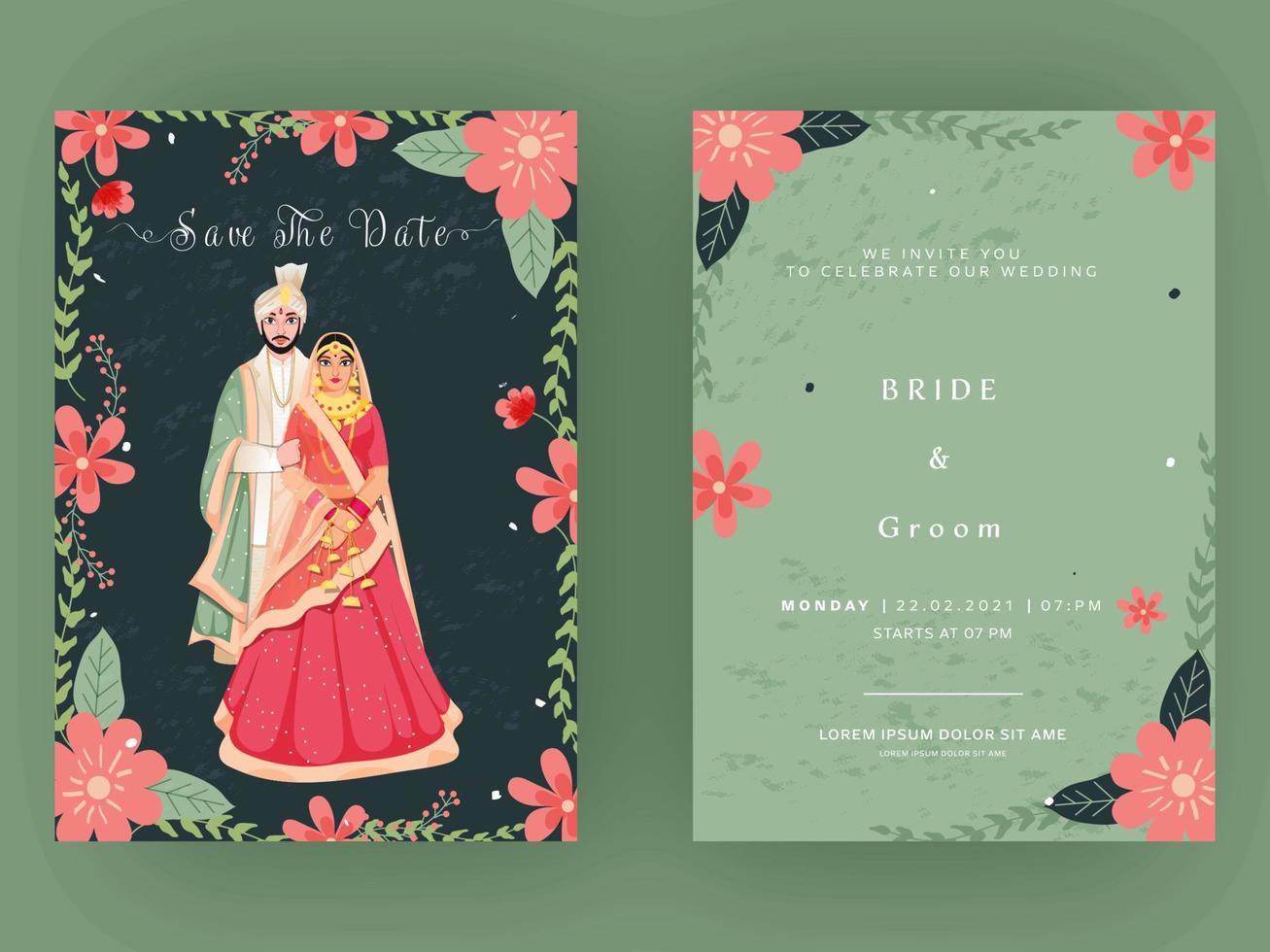indisch Hochzeit Karte Vorlage Layout mit Paar Bild im Vorderseite und zurück Sicht. vektor