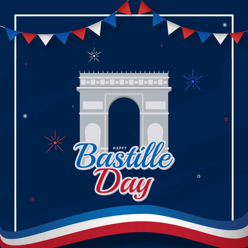 Aufkleber Stil glücklich Bastille Tag Schriftart mit Bogen de Triomphe Monument und Frankreich Flagge wellig Band auf Blau Hintergrund. vektor