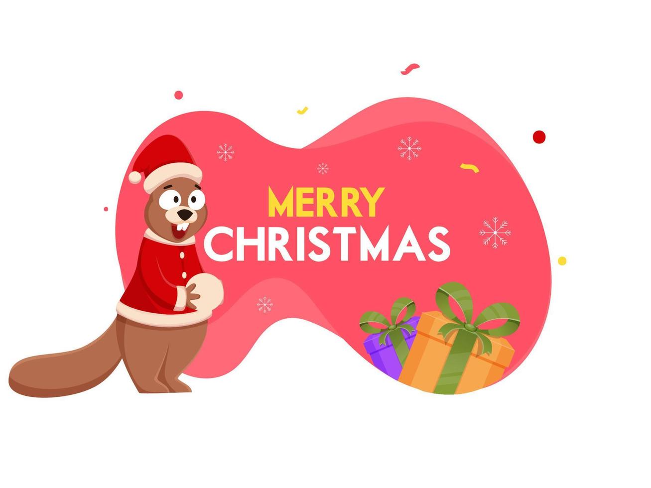 tecknad serie ekorre innehav snöboll med ha på sig santa kläder och gåva lådor på röd och vit bakgrund för glad jul firande. vektor